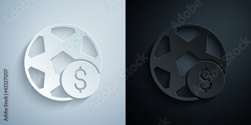 Paper cut Soccer football betting money icon isolated on grey and black background. Football bet bookmaker. Soccer betting online make money. Paper art style. Vector