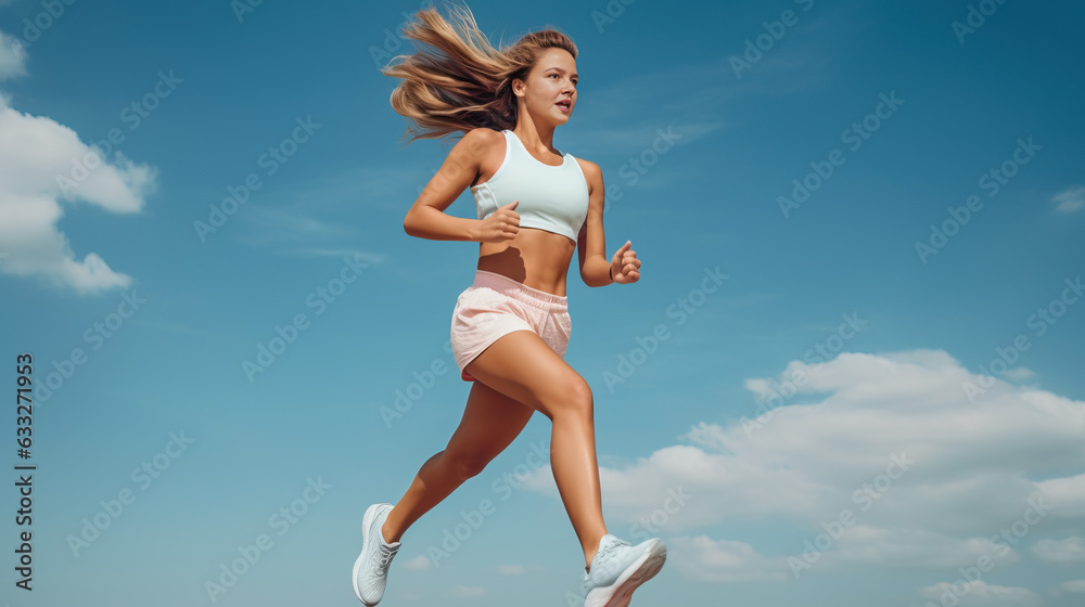 Young woman running at the beach, generative ai Young woman running at the beach, generative ai