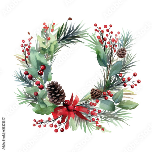 Retro christmas wreath watercolor, great design for any purposes. Watercolor illustration. Invitation card design. Invitation banner design. Vector illustration frame.