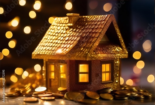 a glowing golden miniature house with coins