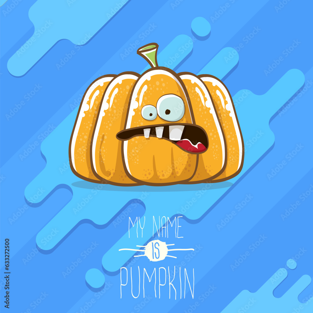 vector funny cartoon cute orange smiling pumkin isolated on blue background. My name is pumkin vector concept illustration. vegetable funky halloween or thanksgiving day character vector funny cartoon cute orange smiling pumkin isolated on blue background. My name is pumkin vector concept illustration. vegetable funky halloween or thanksgiving day character