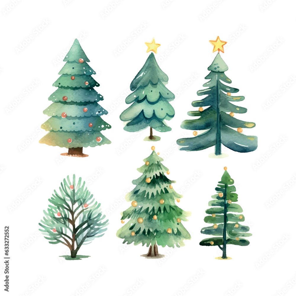 Fototapeta premium Watercolor christmas trees set watercolor for wallpaper design. Christmas, new year.