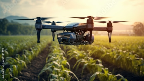 Agriculture Drone Observes and Check Growth Plants, Smart Farming Concept. Generative Ai © CYBERUSS