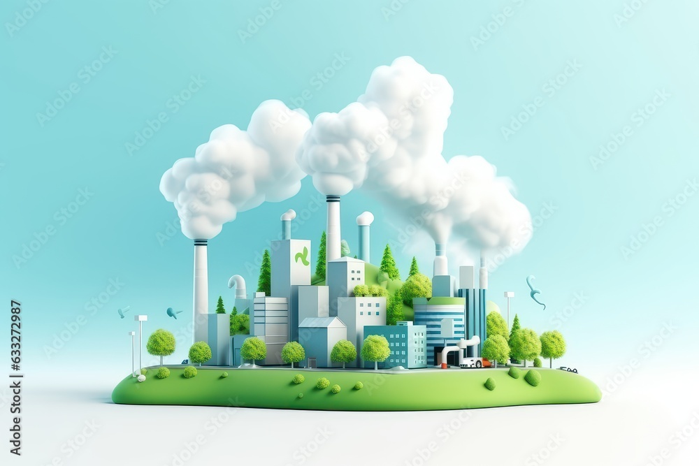Fototapeta premium Eco Friendly Factory without Carbon Dioxide Emission, Green Industry Clean Power Factory, Reduce CO2 Emission Concept. Genetative Ai