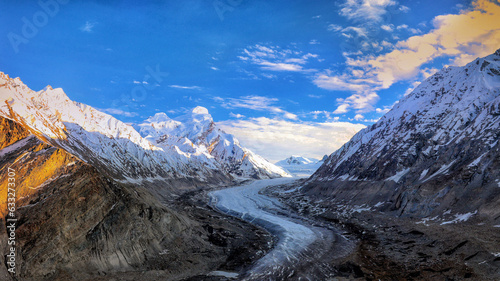 Drang Drung Glacier a mountain glacier near the Pensi La mountain pass at the Kargil - Zanskar Road in Jammu and Kashmir  India.