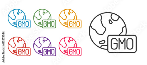 Set line GMO icon isolated on white background. Genetically modified organism acronym. Dna food modification. Set icons colorful. Vector