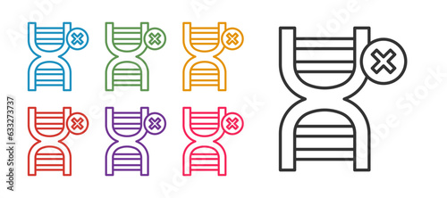 Set line No GMO icon isolated on white background. Genetically modified organism acronym. Dna food modification. Set icons colorful. Vector