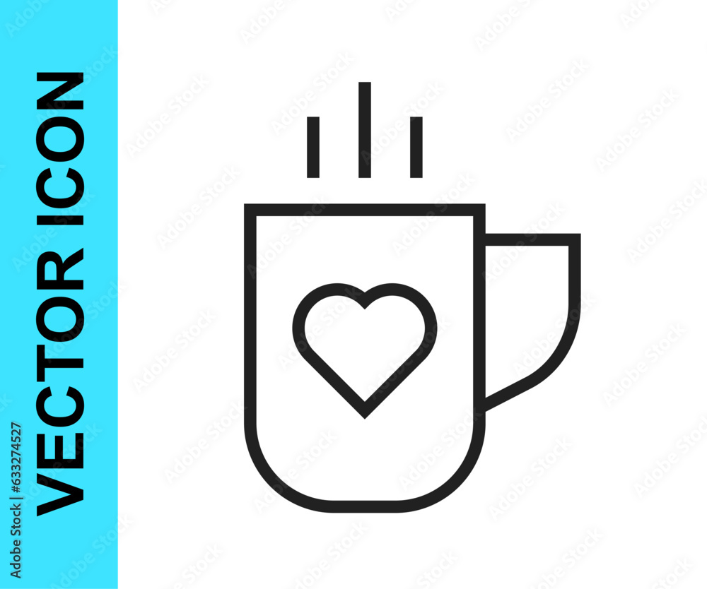 Black line Coffee cup and heart icon isolated on white background. Couple coffee for lovers on Valentines Day. Vector Black line Coffee cup and heart icon isolated on white background. Couple coffee for lovers on Valentines Day. Vector