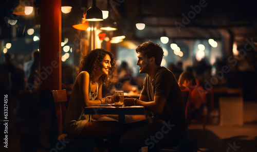 Couple on a date at a Cafe. Concept of dating, love and matchmaking. Shallow field of view.