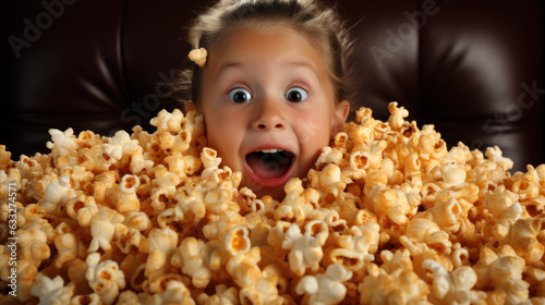 Movie Magic Delight: Joyful Girl Engulfed in Popcorn Fun.