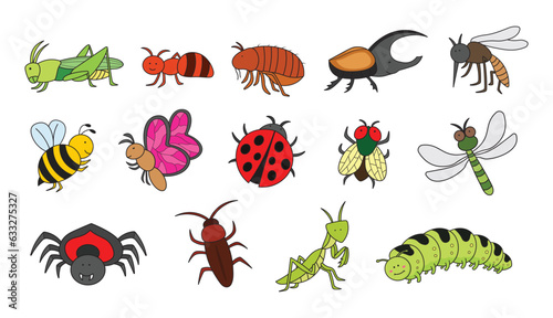 Kids drawing Cartoon Big set of insects, grasshopper, ant, flea, beetle, mosquito, bee, butterfly, ladybug, fly, dragonfly, spider, cockroach, mantis, catterpillar