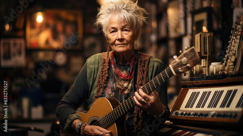 An elderly music enthusiast surrounded by instruments and supplies.