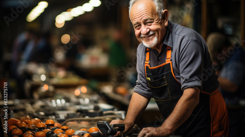 An elderly store owner stands proudly amidst a cluttered blur of tools and home-improvement supplies in a small-town hardware store.