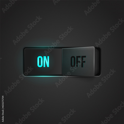 Realistic toggle switch. Black switches with backlight, on/off - position. Vector illustration.