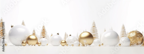Christmas white and gold baubles and decorations. Holidays background. 3d render illustration.
