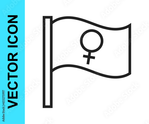 Black line Female movement, feminist activist with banner and placards icon isolated on white background. Feminist rights movement, feminism sisterhood. Vector