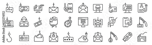 Set of 30 outline icons related to scam, phishing. Linear icon collection. Editable stroke. Vector illustration