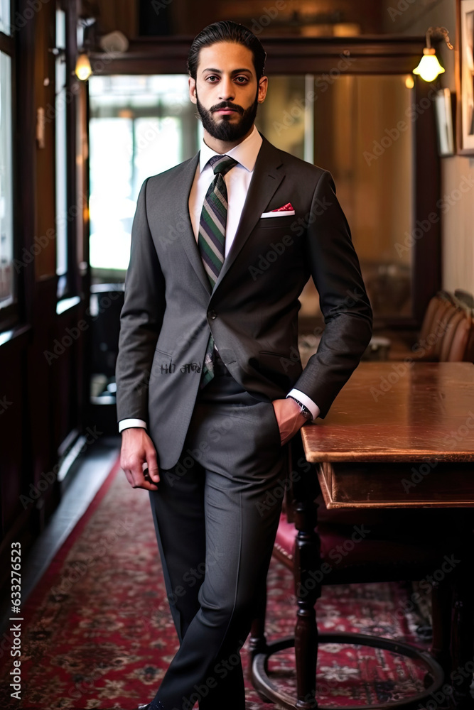 A poised Middle Eastern man in a stylish suit, adjusting his jacket.