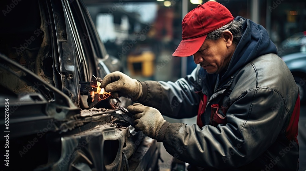 Auto technician as they expertly install a new car stereo system, upgrading the vehicle's audio experience with precision and attention to detail. Generated by AI. Auto technician as they expertly install a new car stereo system, upgrading the vehicle's audio experience with precision and attention to detail. Generated by AI.