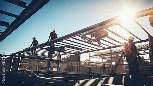 Builders' work as they expertly piece together a metal framework for a large commercial undertaking. Generated by AI. photo