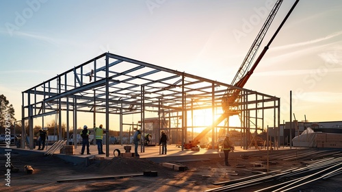 Builders as they meticulously assemble a metal framework for a large commercial project. Generated by AI. photo