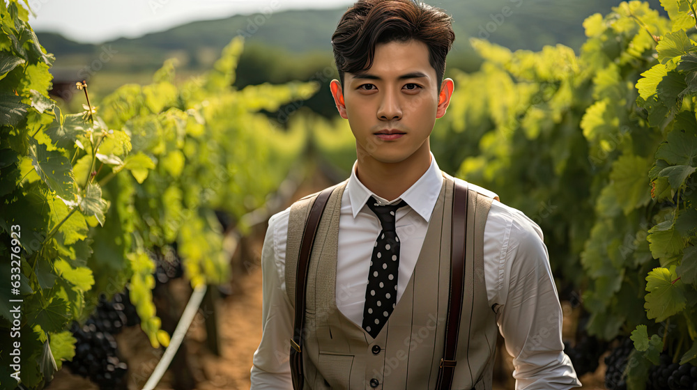A young man stands in a sunlit vineyard, his arms folded, surrounded by rows of grapevines.