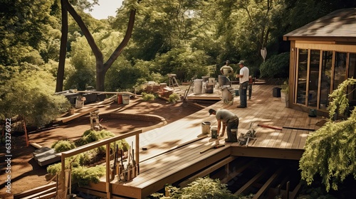 Builders as they meticulously construct a wooden deck complete with railing and stairs, showcasing their craftsmanship. Generated by AI.
