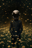 Spaceman on a green field full of dandelions, in the style of hyper-realistic sci-fi, dark black and gold, futuristic sci-fi aesthetic, flowerpunk, soft, dreamy scenes, calm and meditative