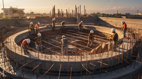 Skilled craftsmen carefully setting up formwork for a concrete pour, strategically positioning the molds and supports that define the concrete's shape. Generated by AI.