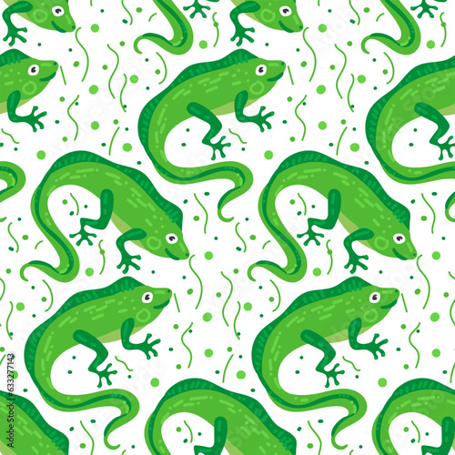 Vector seamless pattern with cute iguana on white background with doodle lines. An illustration of an animal character drawn by hand. Printing on textiles and paper