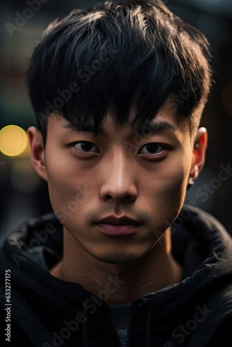 A close-up of an East Asian man with a mod-inspired short haircut, staring directly into the camera with intense eyes.
