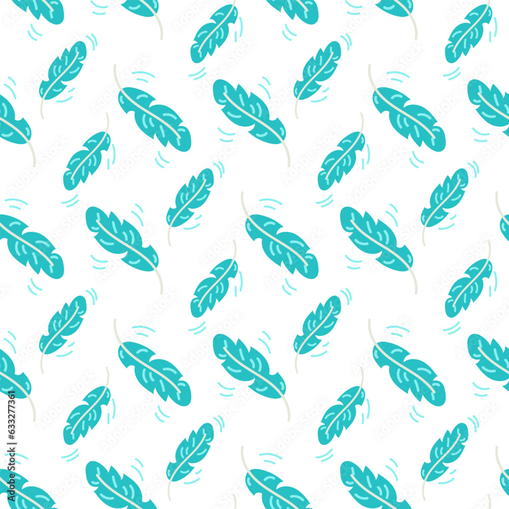 Pattern of blue cartoon feathers on a white background. Repeating seamless pattern with light elements. Printing on textiles and paper