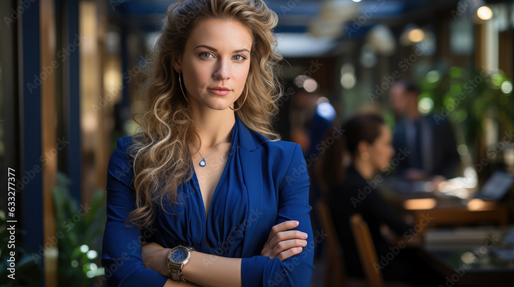 A woman in a royal blue business dress stands in a sunlit atrium, her profile in sharp focus against a warm, soft blur of a sprawling office space.