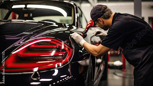 Car in a professional auto body shop, skillfully using paint guns and advanced methods to achieve an even application and a stunning, factory-like appearance. Generated by AI.