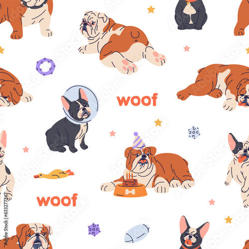 Cute dogs pattern. English and French bulldogs puppies and toys, seamless woof background, texture design. Canine repeating print for fabric, textile, decoration. Printable flat vector illustration
