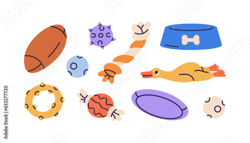 Dogs toys set. Pets supplies, playing accessories for puppy. Canine knotted rope, ball, rubber ring, chewing items, squeaky duckling, bowl. Flat vector illustrations isolated on white background