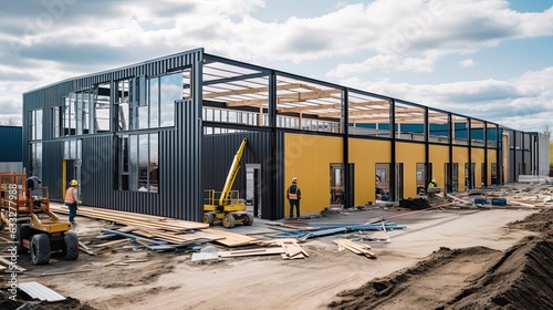 Construction crew meticulously assembling a prefabricated metal building, their coordinated actions transforming raw materials into a sturdy and functional structure. Generated by AI. photo