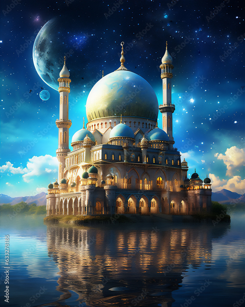 white mosque in the sea with water view at sunset , crescent moon and stars, create using generative AI