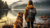 back of teenage woman in yellow jacket with dog,  lake at national park and sunset background. 
