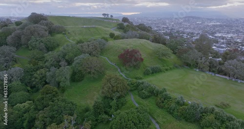 Aerial: Mt Eden and Pohutukawa Trees,  Auckland, New Zealand photo
