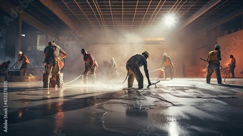 Valokuva Construction site where adept workers meticulously pour and smooth a concrete floor, the collaborative efforts and controlled