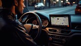 Driver attentively adjusting the GPS settings, fine-tuning the voice-guided directions to ensure a seamless and accurate navigation experience. Generated by AI.
