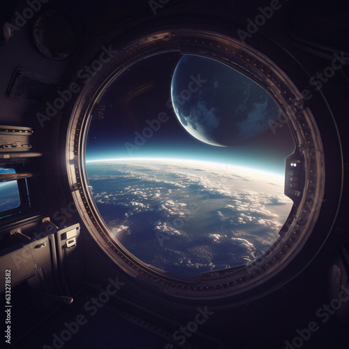A picture of the planet Earth and the Moon in space from the window of the spaceship