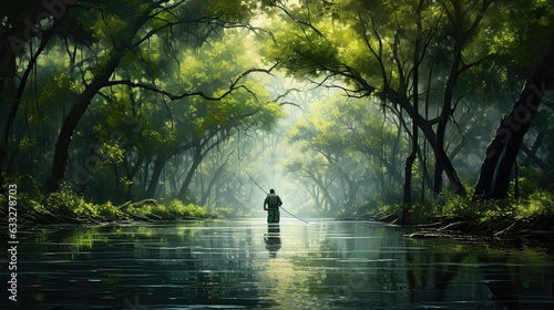 Fisherman embracing the misty ambiance of a river at dawn, his line gracefully arcing into the swirling currents. Generated by AI. © Anastasia