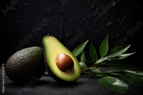 Close up of sliced open avocado on a dark bench in the style of moody food photography with dark background and warm earth tones