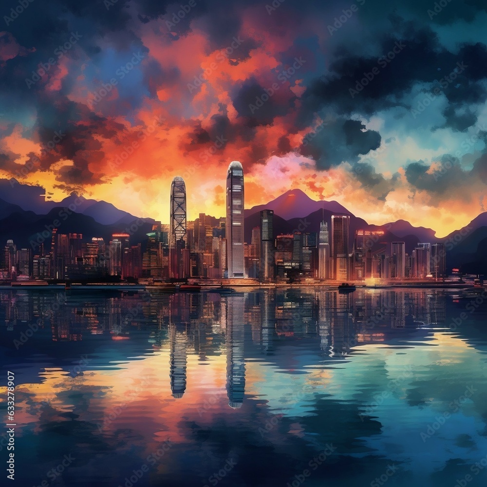 the hong kong harbour skyline at dusk
