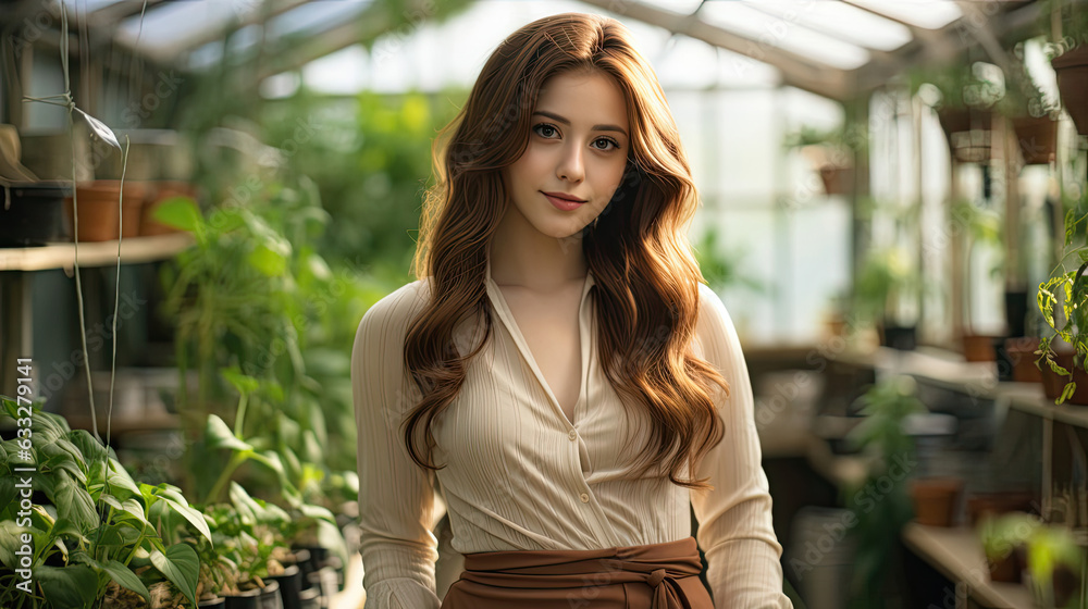 A young woman in business-casual attire poses amidst lush flora. A young woman in business-casual attire poses amidst lush flora.