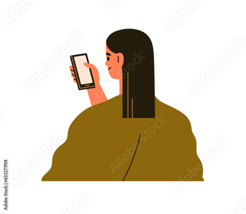 Woman holding mobile phone, looking at smartphone screen. Person with cellphone in hand, reading, scrolling social media, back view. Flat graphic vector illustration isolated on white background