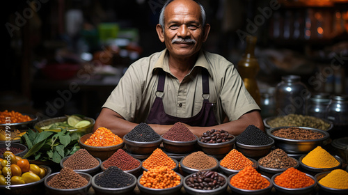 Fototapeta Naklejka Na Ścianę i Meble -  A proud spice merchant in a vibrant outfit stands amidst a blur of aromatic spices at a colorful market.