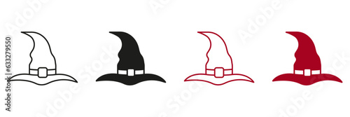 Witch Hat Line and Silhouette Icon Set. Wizard Magic Pointy Cap for Party 31 October Black and Color Pictogram. Halloween Accessory for Magician Symbols. Isolated Vector Illustration